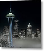 Seattle Foggy Night Lights In Bw Metal Print