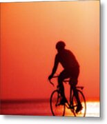 Silhouetted Bike Rider Sunrise Chicago Lake Front Metal Print