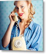 Sixties Woman Holding Vintage Telephone Handset Metal Print