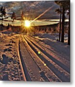 Ski Trails With Sun Beams Metal Print