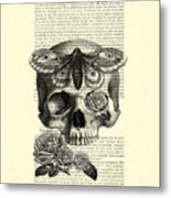 Skull With Hawkmoth Black And White Metal Print