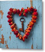 Small Rose Heart Wreath With Key Metal Print