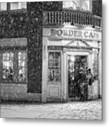 Snowy Harvard Square Night Border Cafe Black And White Metal Print