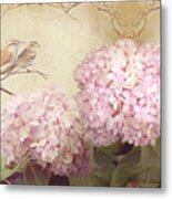 Softly Summer - Carolina Wrens W Blush Pink Hydrangeas Metal Print