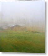 Spring Barn In Fog Metal Print