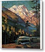 Steam Engine Train Running By The Rainer National Park - Landscape Painting - Vintage Travel Poster Metal Print