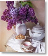 Still Life With Fresh Lilac And China Pots Metal Print