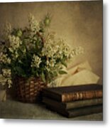 Still Life With Old Books And White Flowers In The Basket Metal Print