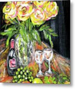 Still Life With Roses, Fruits, Wine. Painting Metal Print