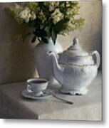 Still Life With White Tea Set And Bouquet Of White Flowers Metal Print
