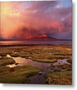 Stormy Sunset Over Bofedales And Lake Chungara Chile Metal Print