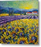 Sunflowers And Lavender Field - The Colors Of Provence Modern Impressionist Palette Knife Painting Metal Print
