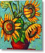 Sunflowers In Red Vase Original Oil Painting Metal Print