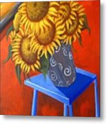 Sunflowers On Blue Table Metal Print