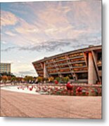 Sunrise Panorama Of Downtown Dallas City Hall And Park Plaza Reflection Pool - North Texas Metal Print