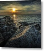Sunset From The Channel Breakwater Rocks Metal Print