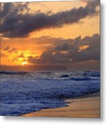 Surfer At Sunset On Kauai Beach With Niihau On Horizon Metal Print