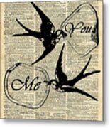 Swallows In Love,flying Birds Vintage Dictionary Art Metal Print