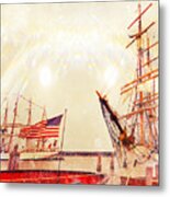 Tall Ships And Usa Flag Metal Print