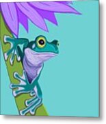 Teal Frog And Purple Flower Metal Print