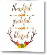 Thankful Grateful Blessed Fall Leaves Antlers Metal Print