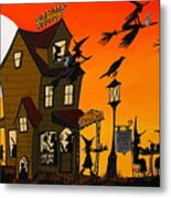 The Crow Cafe - Halloween Witch Cat Folk Art Metal Print