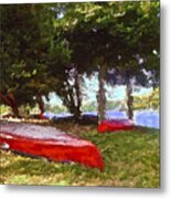 Three Red Canoes Metal Print