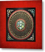 Tibetan Om Mantra Mandala In Gold On Black And Red Metal Print