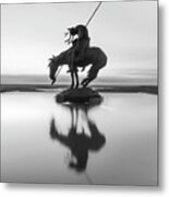 Top Of The Rock Native American Statue Silhouette Reflections Bw Metal Print