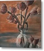 Tulip Flowers Bouquet In Two Round Water Filled Small Globe Shaped Vases On A Table Still Life Of Bo Metal Print