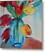 Tulips In A Blue Glass Vase Metal Print