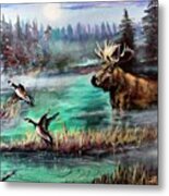 Twilight Moose And Canada Geese Metal Print