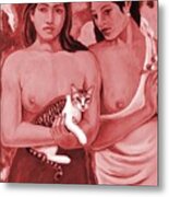 Two Girls And A Cat Metal Print