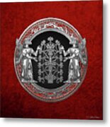 Two Instances Of Silver God Ninurta With Tree Of Life Over Red Velvet Metal Print