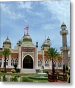 Two Women Pose At Pattani Central Mosque Courtyard With Pond Minarets And Thai Flag Thailand Metal Print