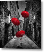 Umrbellas Flying With Wind And Rain On Dark Street In An Old Italian Town In Tuscany, Italy Metal Print