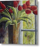 Vase Of Red Tulips Metal Print