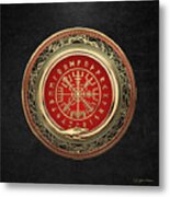 Vegvisir - A Gold Magic Viking Runic Compass On Black Leather Metal Print