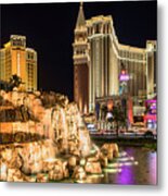 Venetian In Front Of The Mirage Volcano Night Metal Print