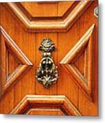 Venice Geometric Oak Wood Door And Brass Knocker Metal Print