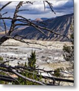 View Of The Travertine And Mountains From The Pathway At Mammoth Hot Springs Metal Print