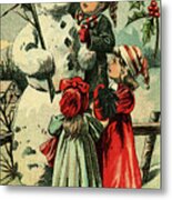 Vintage Snowman And Children Metal Print