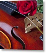 Violin And Red Rose Metal Print