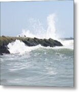 Waves Crashing Onto Long Beach Jetty Metal Print