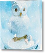 White Owl In Snow Globe Metal Print