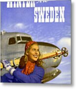 Winter In Sweden Woman With Skies, Airline Travel Poster Metal Print