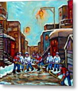 Winter Lane Hockey Art Paintings For Sale Canadian Winter Scene Paintings For Sale C Spandau Artist Metal Print