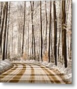 Winter Road Through The Forest Metal Print