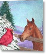 Winterscape With Horse And Cardinal Metal Print