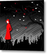 Woman In Red Hat And Trench Coat Walking In Blustery Autumn Rain Metal Print